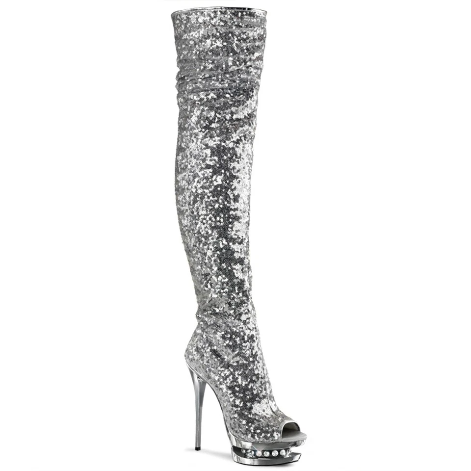 BLONDIE-3011 Pleaser High-Heels Plateau Overkneestiefel silber Chrom Pailletten - Bild 1 von 1