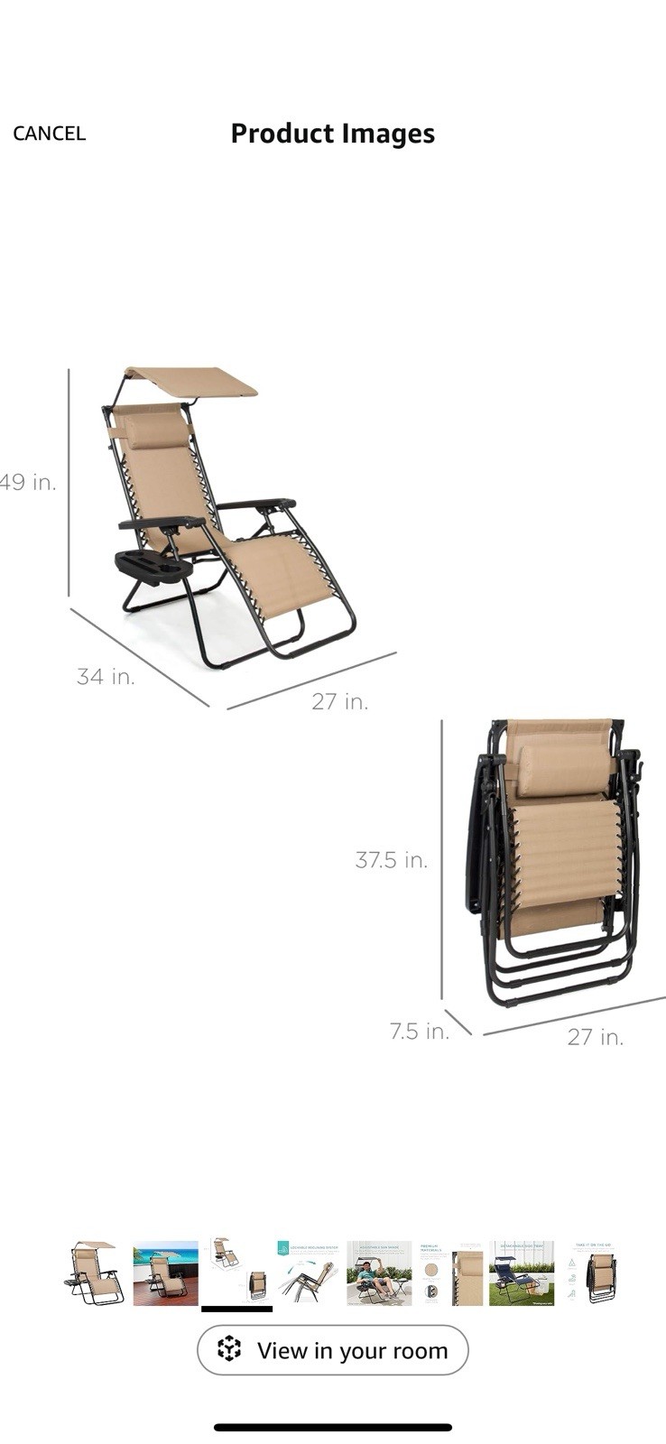 Best Choice Products Folding Zero Gravity Recliner Patio Lounge Chair w/ Canopy