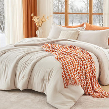 Queen Size Comforter Set Beige, 3 Piece Solid Bedding for All Seasons, Warm down
