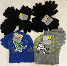 Boys Winter Hat Gloves Lot 12 Pc Beanie Dinosaur T-Rex Astronaut Space Black NWT