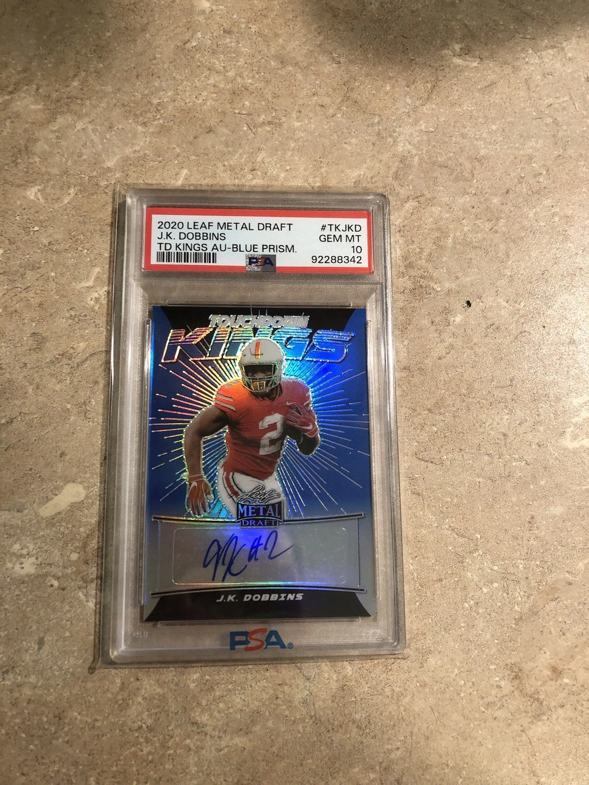 JK Dobbins Leaf Metal Draft Touchdown Kings Autographs #TKJKD Blue Prismatic