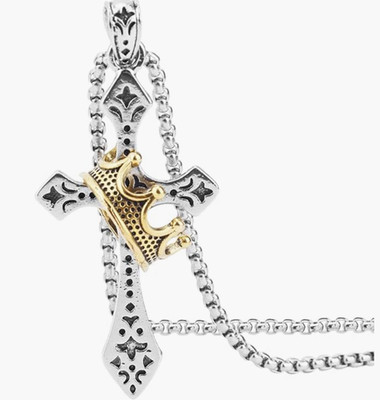 Mens Stainless Steel Cross Necklace with Gold Crown Pendant Christian Jewelry