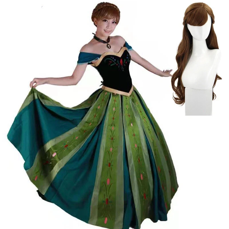 Fantasia cosplay princesa Anna feminina vestido de festa de carnaval colar terno peruca Anna - Imagem 3 de 4