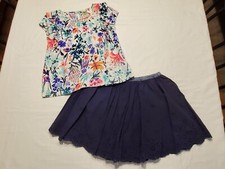 OshKosh Bgosh 2 Pc Outfit Short Sleeve Shirt Top Blue Eyelet Skirt Girls 6X EUC