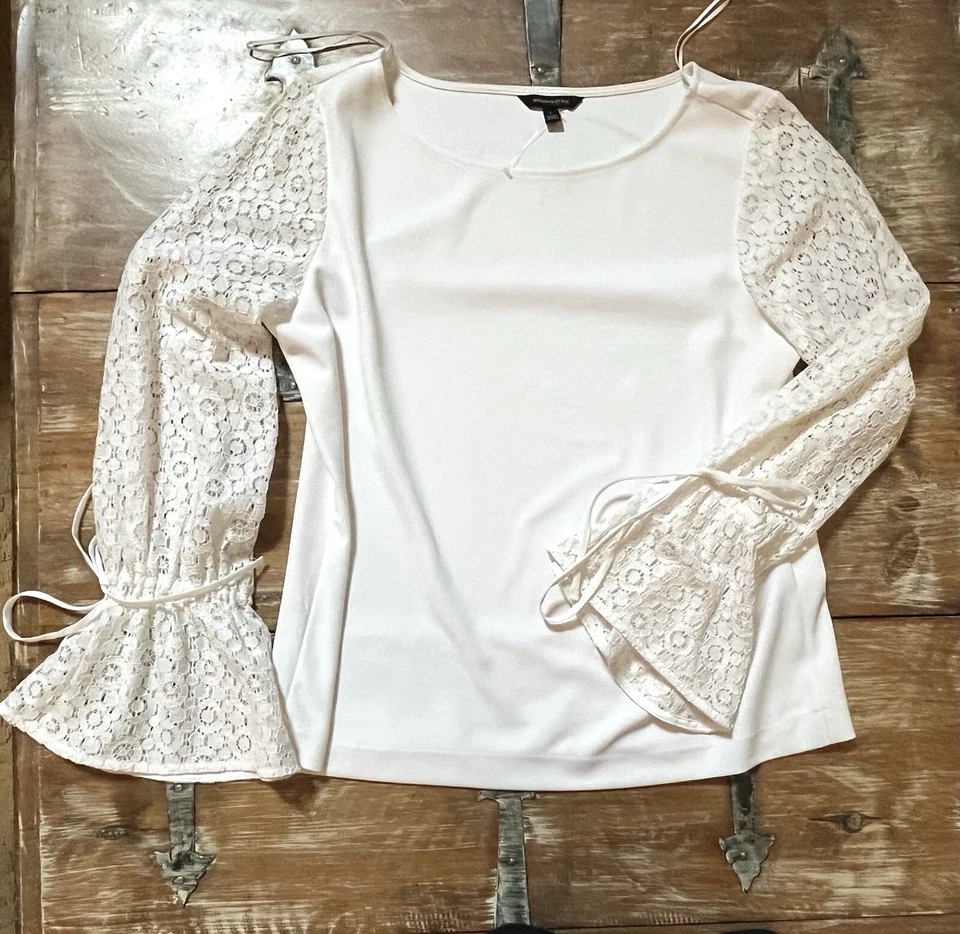Blusa túnica BANANA REPUBLIC L blanca de encaje mangas con lazo-campana-top elástico-Rt. $88