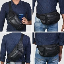 Leather Fanny Pack Belt Waist Pouch Hip Travel Purse Large Mens Womens Black 