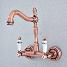Antique Copper Wall Mounted Bathroom Kitchen Sink Faucet Swivel Spout Mixer Tap