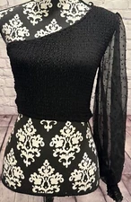 AaKaa Black Smocked Left Long Balloon Sheered Chiffon Sleeve Cropped Blouse S