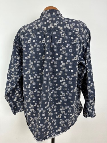 90s Trader Bay Shirt Men XL Navy Geometric Squares Long Sleeve Button Down VTG - Picture 8 of 18
