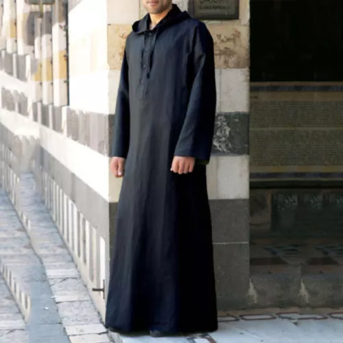 Arabisches lockeres Kleid Herren Langarm Thobe Kaftan Kapuze Robe Muslim Saudi Islamisch - Bild 6 von 22