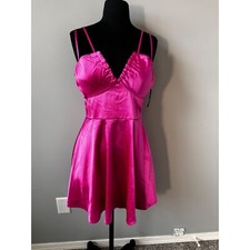 Satin Mini Dress Hot Pink Party Cocktail Ruched Bust Sleeveless Size Small