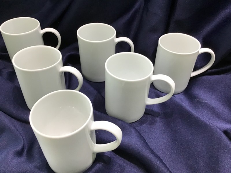 6 CRATE + BARREL basic white MUGS never used! NEW! BONUS WITH BUY IT NOW!!