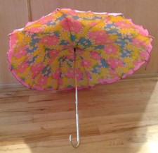 Vintage Pink Umbrella With Colorful Mod Floral Underside  Silver Curved Handle