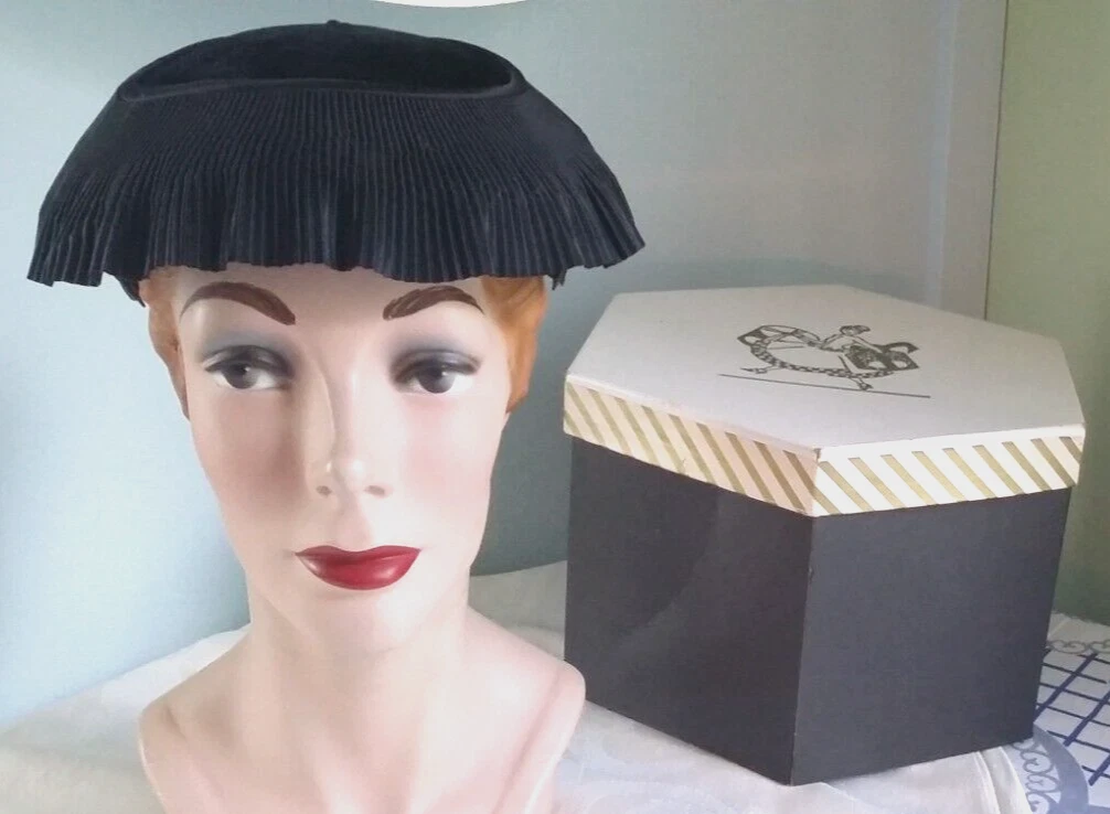 CHAPEAU FEMME VINTAGE NEW LOOK années 40 50 style Dior. Velours et satin MCM chic + BOITE À CHAPEAU !