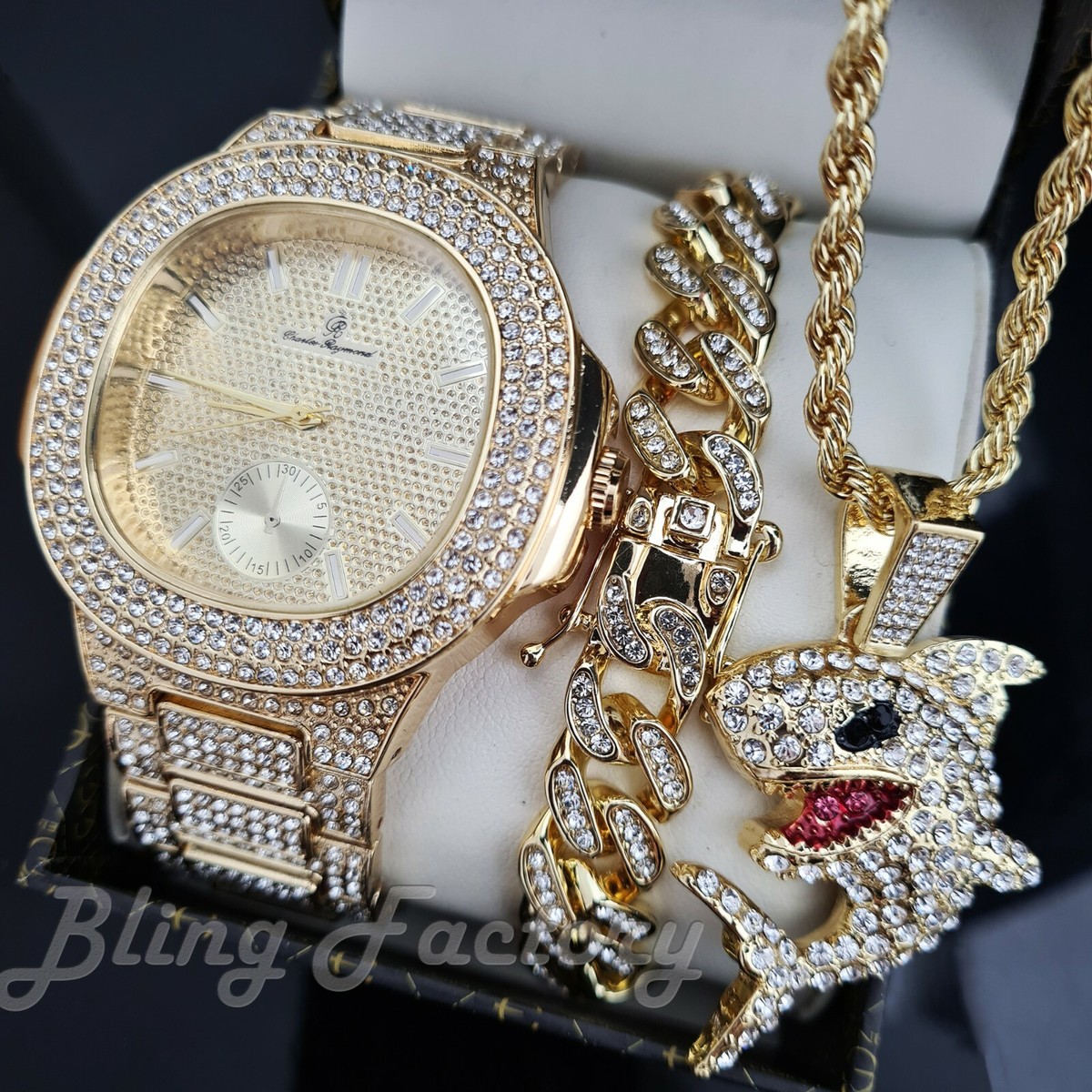 6ix9ine HIP HOP GOLD PT WATCH & ICED CUBAN BRACELET & SHARK