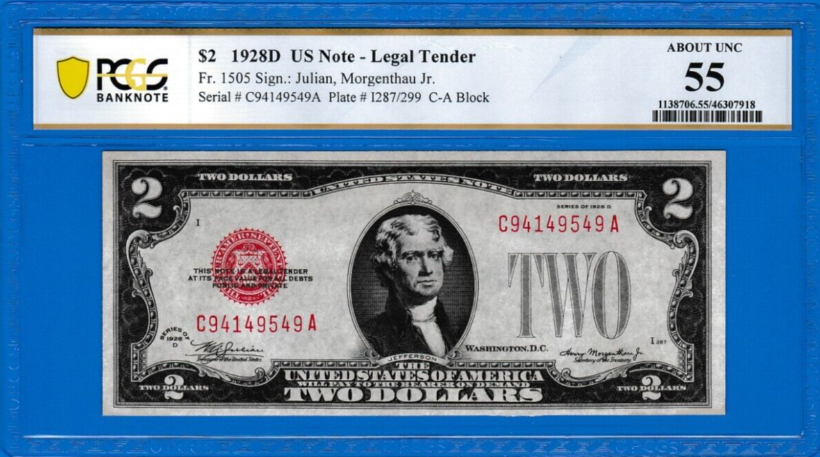 $2 1928 D LEGAL TENDER UNITED STATES NOTE FANCY SERIAL NUMBERS 94-49-49 ...