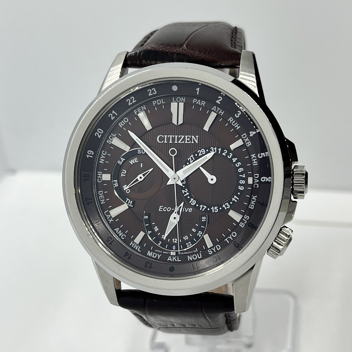 Citizen Calendrier Mens Brown Dial Leather Stainless Steel 44mm