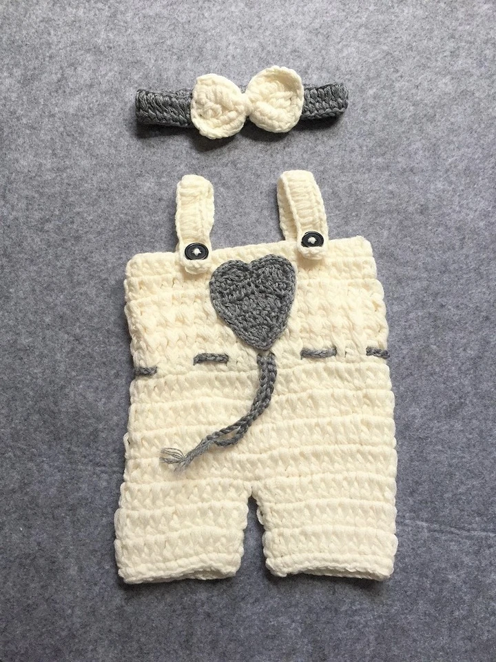 Romper e faixa de cabeça suspensório recém-nascido 2 peças conjunto de crochê tricô foto adereço  - Imagem 2 de 4