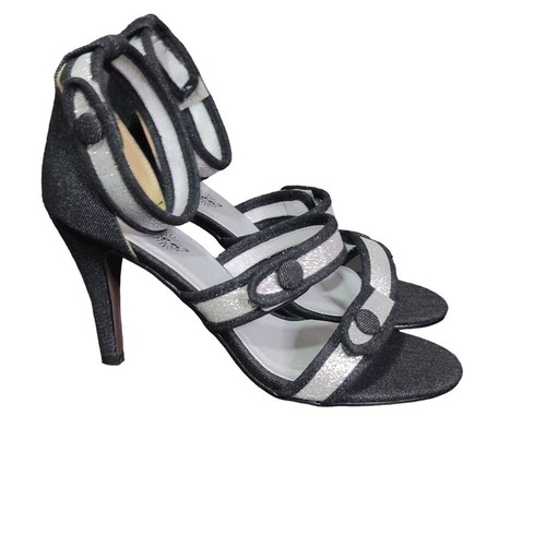 Beacon Stiletto Heel Sandal 9.5W Strappy Black Silver Romana II Shimmer Evening - Picture 2 of 9