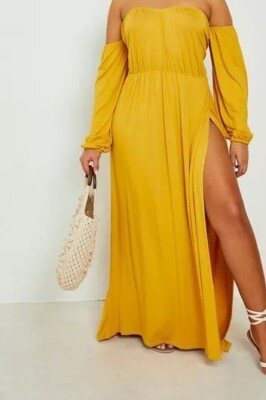 bardot maxi dress plus size Yellow PrettyLittleThing Bardot Applique Flower Detail Maxi Dress