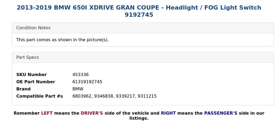 BMW 650I XDRIVE GRAN CUPÉ 2013-2019 - Interruptor de luz antiniebla/faro 9192745 Foto 4 de 4