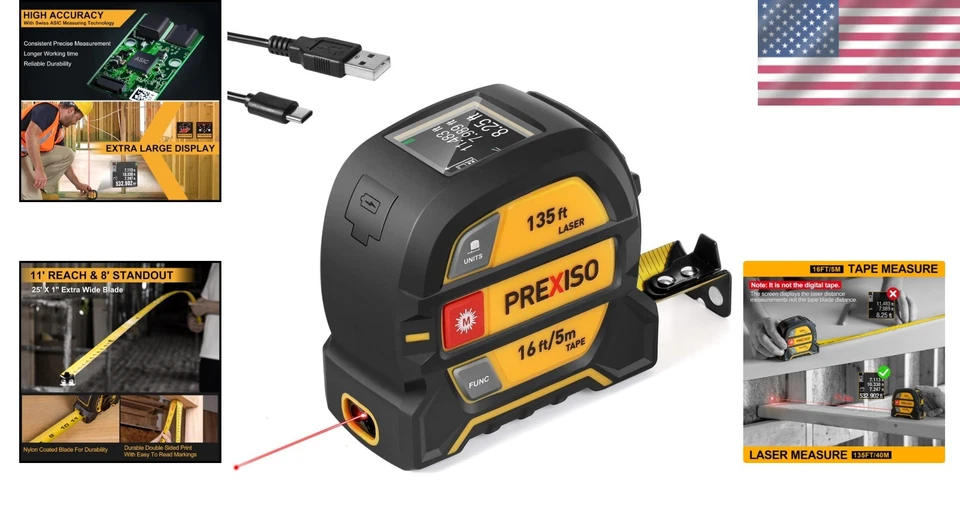 Cinta métrica láser 135 pies, herramienta recargable 2 en 1 Foto 2 de 4