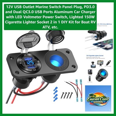 12V USB Outlet Marine Switch Panel Plug, PD3.0 and Dual QC3.0 USB Ports Alumi...
