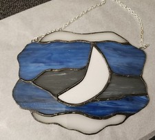 Stained Glass Moon Suncatcher Blue White Gray Decorative Ready to Hang