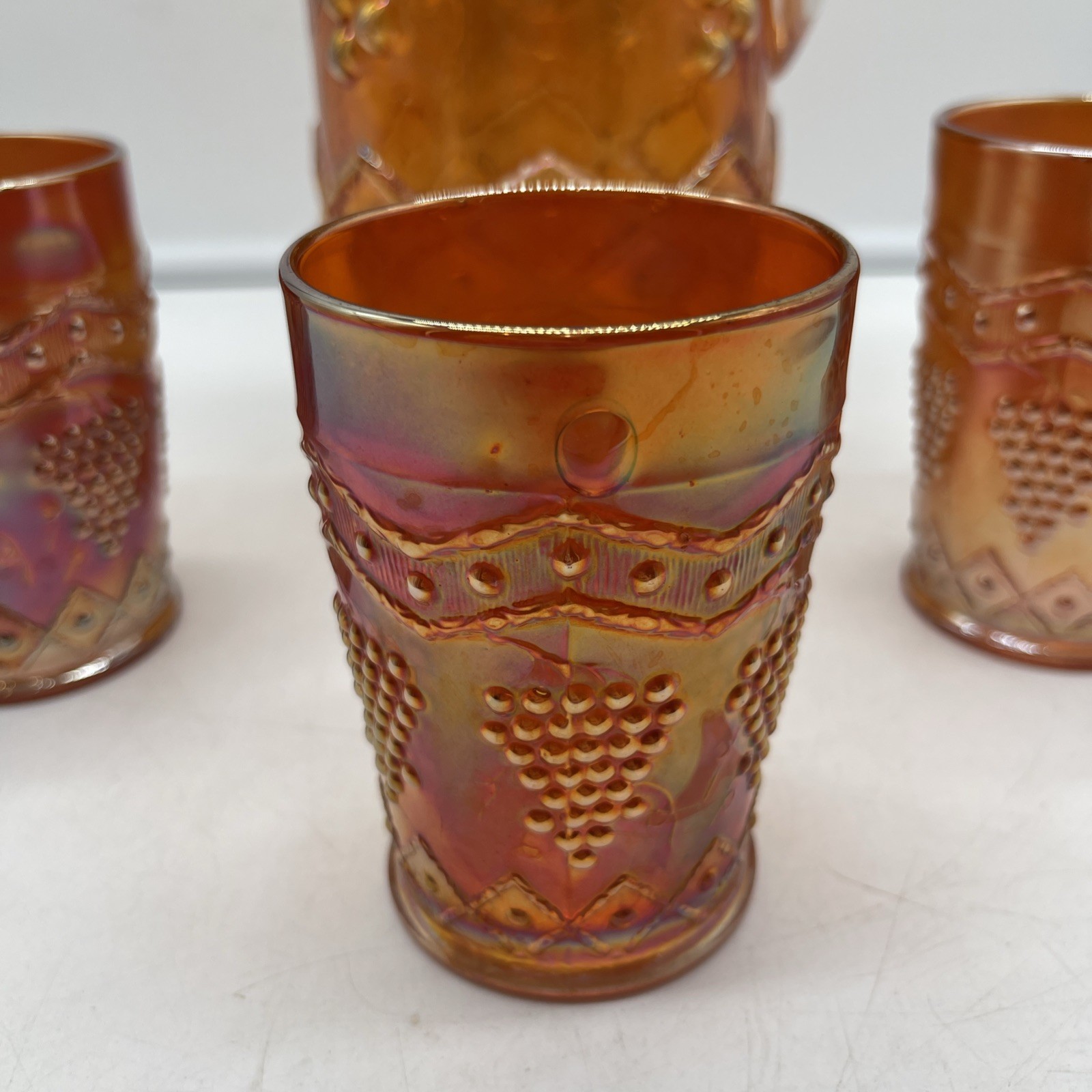 Fenton Marigold Carnival Glass Lattice & Grape Water Set Pitcher & 3 Tumblers