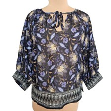 Karen Kane Floral Print Womens Top Blue Cotton Boho Gypsy Hippie USA Fairy Sz M