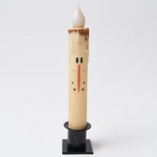 Country Primitive Snowman Face Led Timer Taper Candle 7" Cream