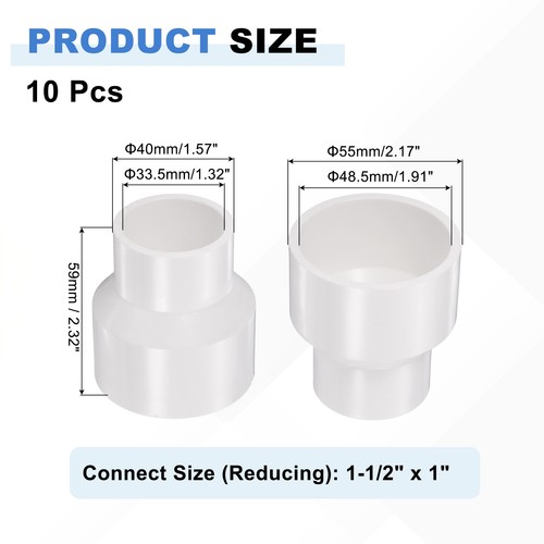 10Pcs PVC Reducing Coupling, 1-1/2" x 1" Schedule 40 Reducer Adapter, White - Picture 2 of 6