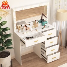 White Large Vanity Desk with LED Mirror 5 Drawers Dressing Table w/3 Color Light