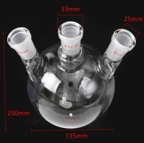 1000ml 3-Neck 24/40 Round Bottom Glass Flask 3 Neck Laboratory Boiling Vessel - Picture 4 of 5