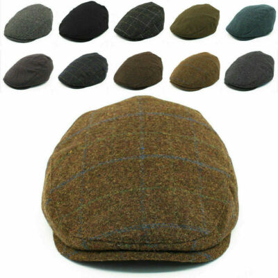  FLACHE Kappe 100 % Wolle Herren Herringbone Tweet irischer Golfhut Gatsby Baker Junge Neu