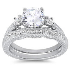 Round Brilliant Three Stone Sterling Silver CZ Wedding Engagement Ring Set for W