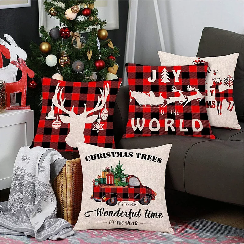 4PCS 18x18 Inch Christmas Red Short Plush Fabric Throw Pillow