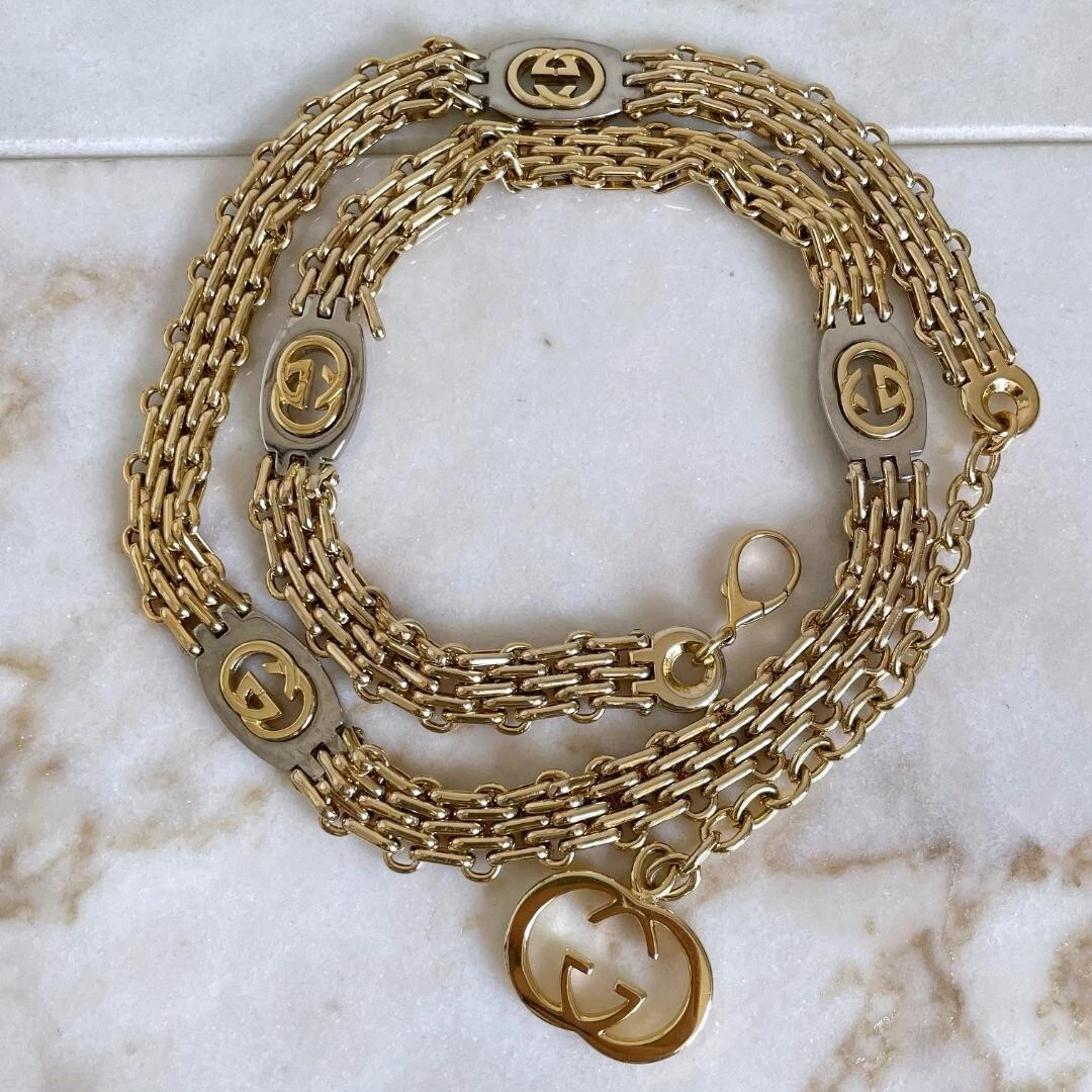 Ancienne Chaîne GUCCI Ceinture Or Logo GG Marque Vintage Long Necklace Longu Pouces