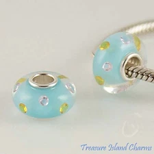 Light Blue with CZ Crystals Murano Glass 925 Sterling Silver European Bead Charm