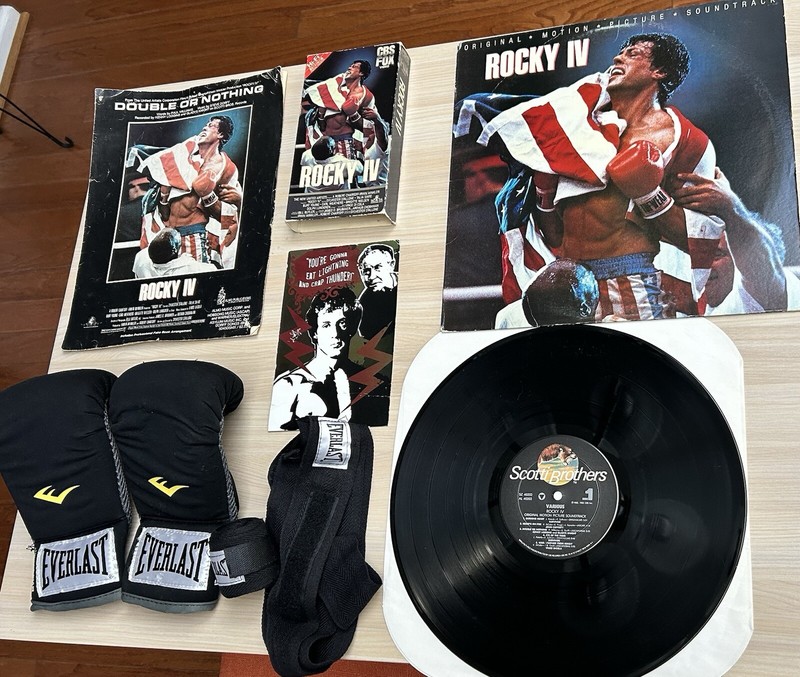 Rocky IV Lot - Album, Video Box Empty, Music Sheet, Unused Everlast Gloves/Wrap.