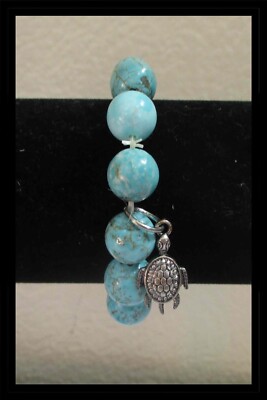 Ashley Bridget Stretch Bracelet Turtle Charm Chunky Round Turquoise Beads B007