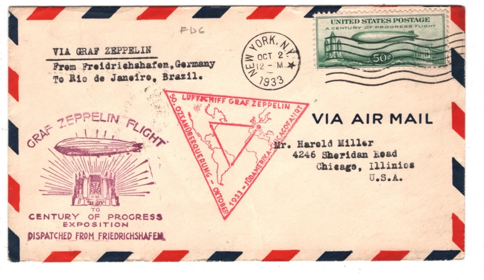 USA 1933 FDC 50c Air Mail GRAF ZEPPELIN Flight Scott.C18 *First Day Cover* LZ212 - Image 2 of 4