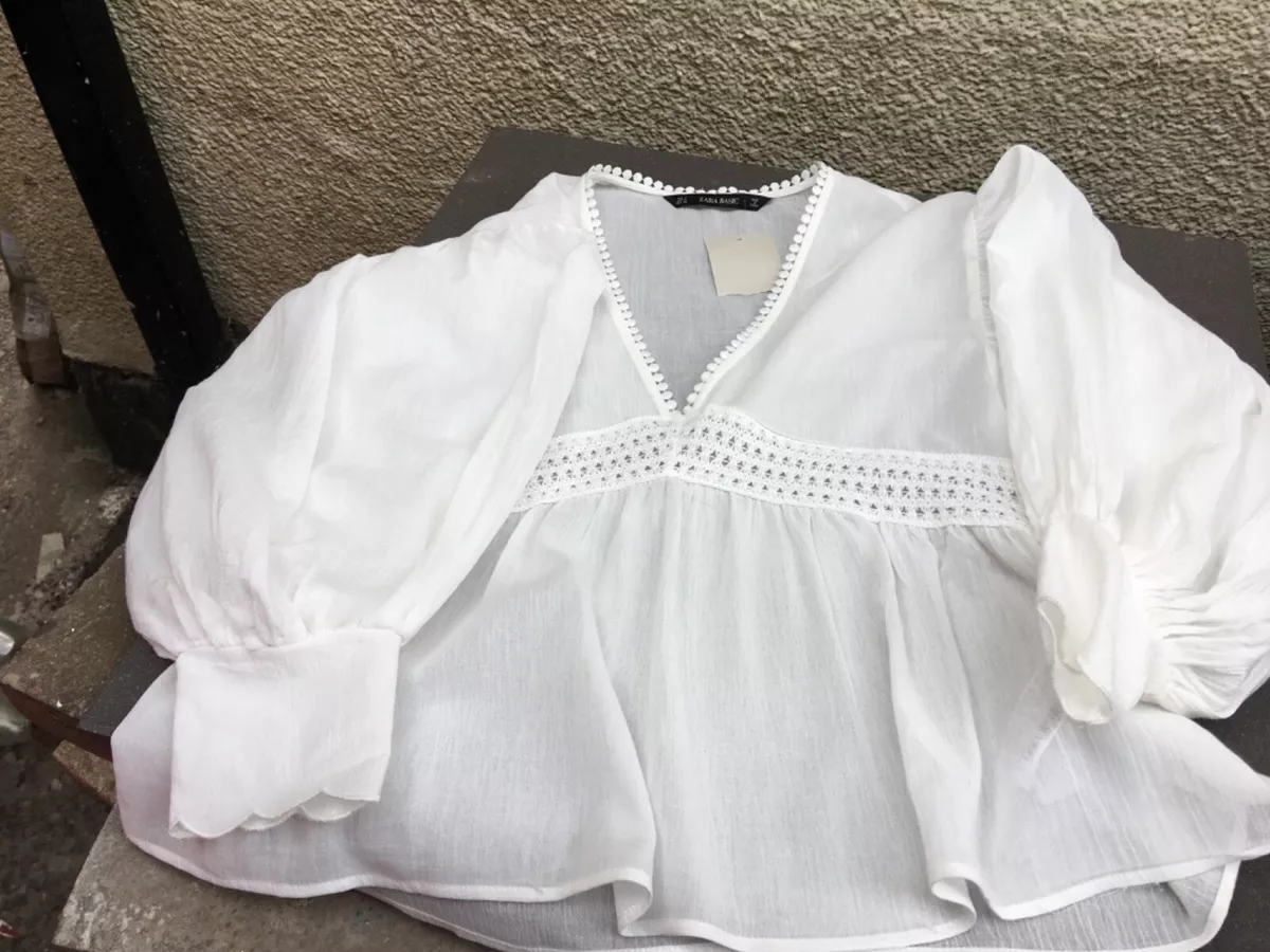 NEW ZARA BASIC SEMI SHEER V NECK SMOCK TOP BLOUSE 70 COTTON SML 8 10 PUFF SLEVE