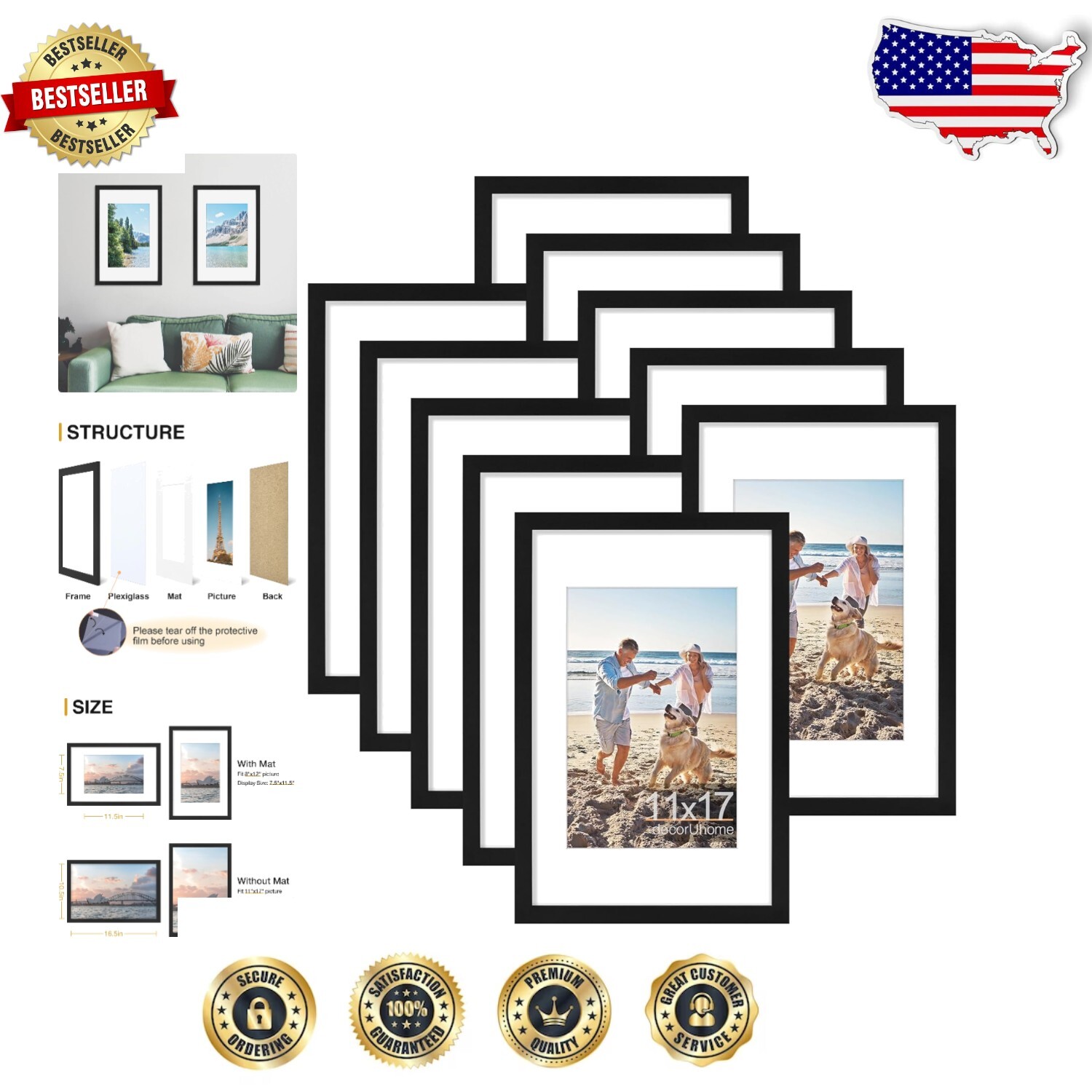 Sturdy & Stylish 11x17 Picture Frames with Plexiglass - Ideal for Any Occasion