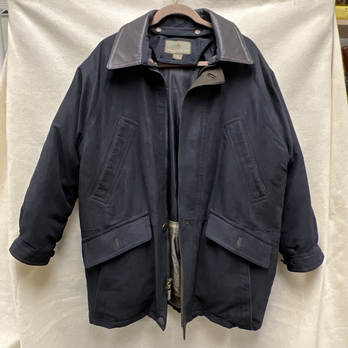 Rainforest Mens Coat Size M Black Parka Removable Lining Jacket Leather  Collar