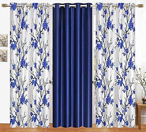 Conjunto De 3 Piezas Estampado Flores Poliéster Puerta Cortinas Juego 2.1m Azul