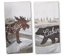 2 Kitchen Towel Animals Bear and Moose Hand Towels White Cabin Themed Dishcloths