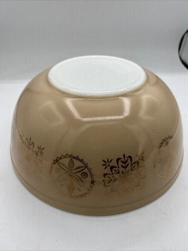 Vintage 1960 Pyrex Promotional Beige Gold Hex Signs Mixing Bowl #404 4 Qt.