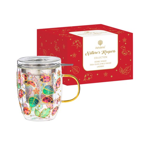 3pc Ashdene Natures Keepers 350ml Double Walled Mug Cup w/ SS Infuser Ladybug - Picture 3 of 3
