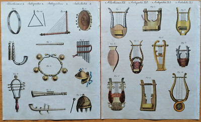 Bertuch Original Print Coloured Musical Instruments Antique 2 Prints - 1792